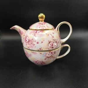Ganz Floral Tea for One Stackable Teapot and Cup Porcelain EG7164